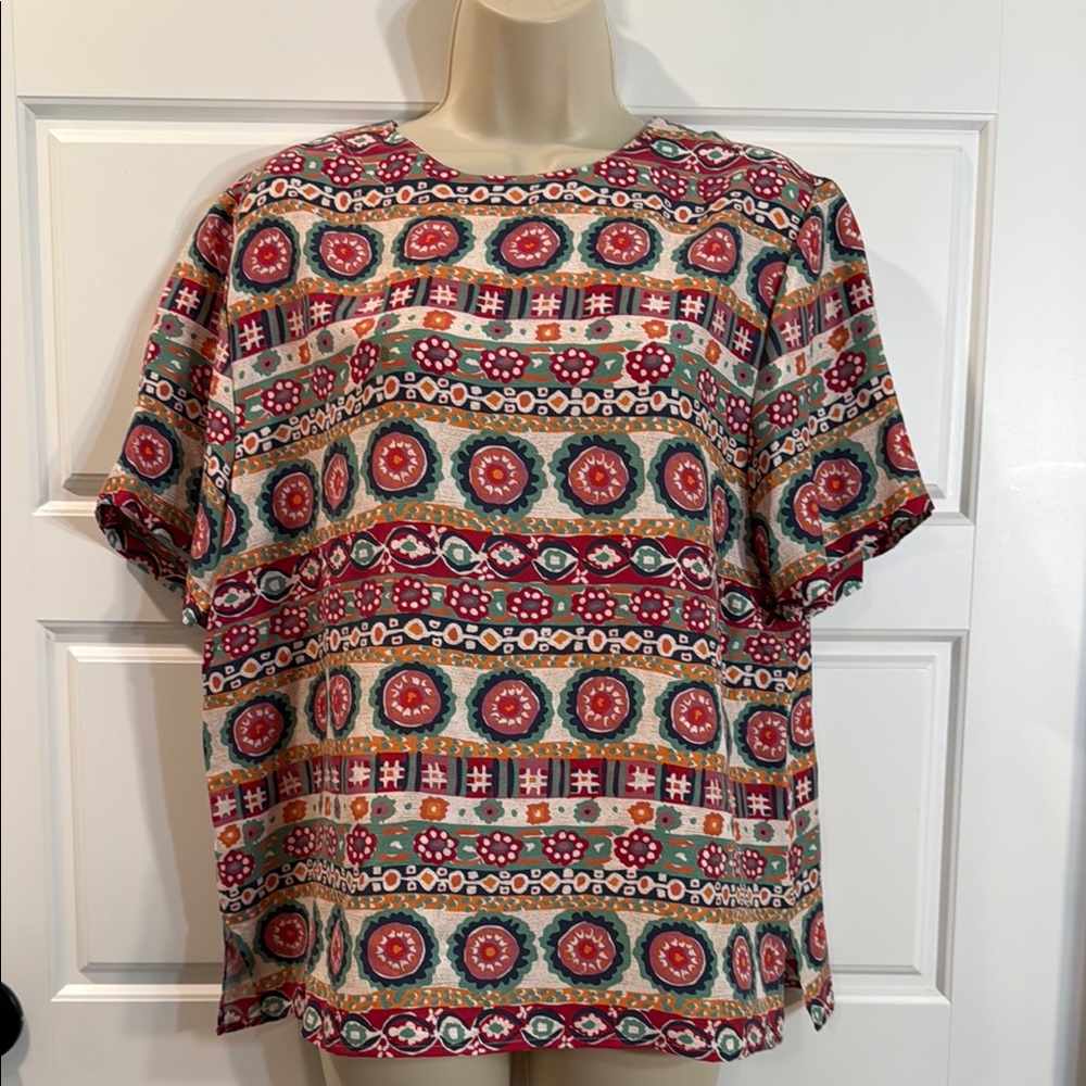 The J Peterman Company 100% Silk Short Sleeve Boho Pajama Top Size